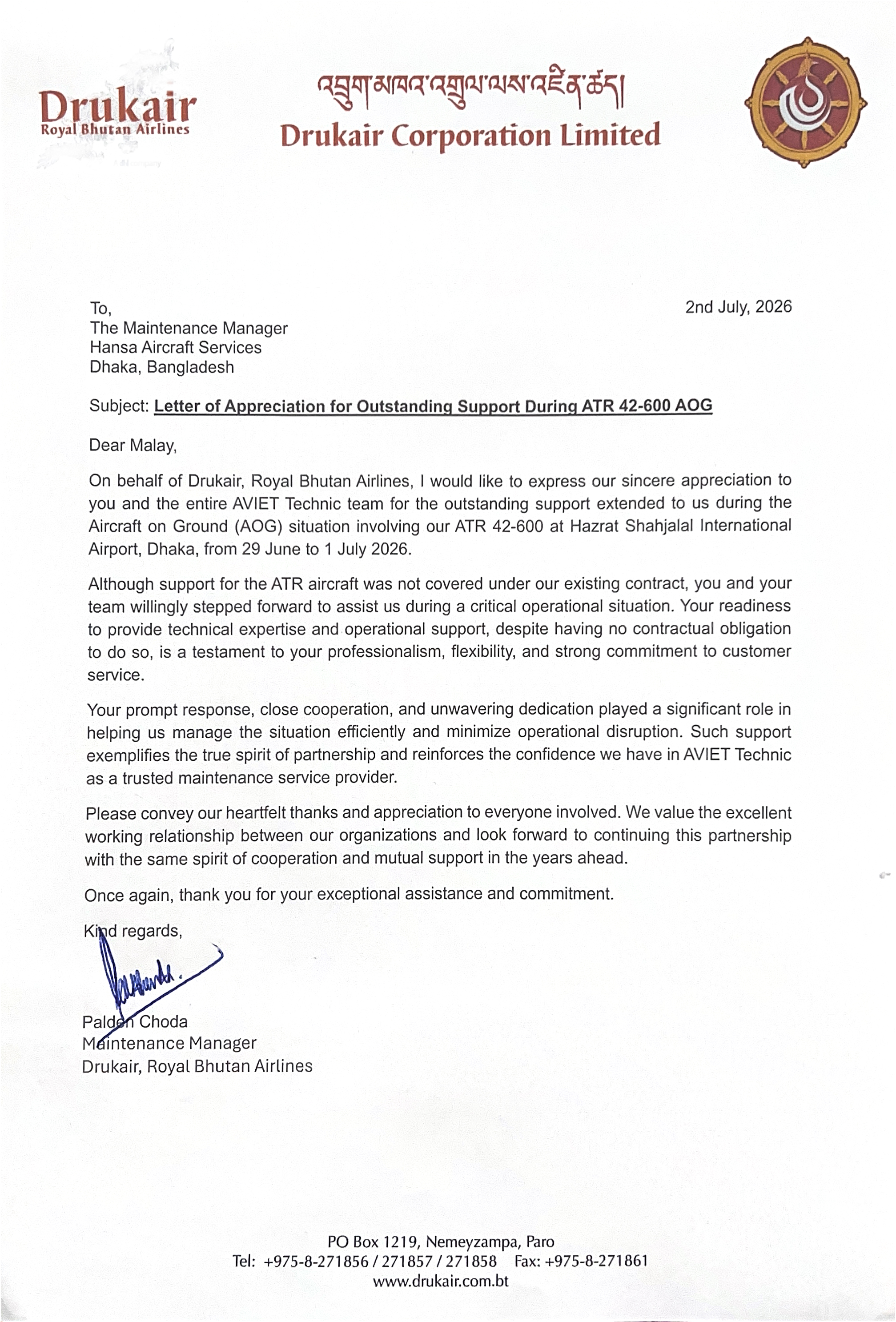 Drukair Appreciation Letter